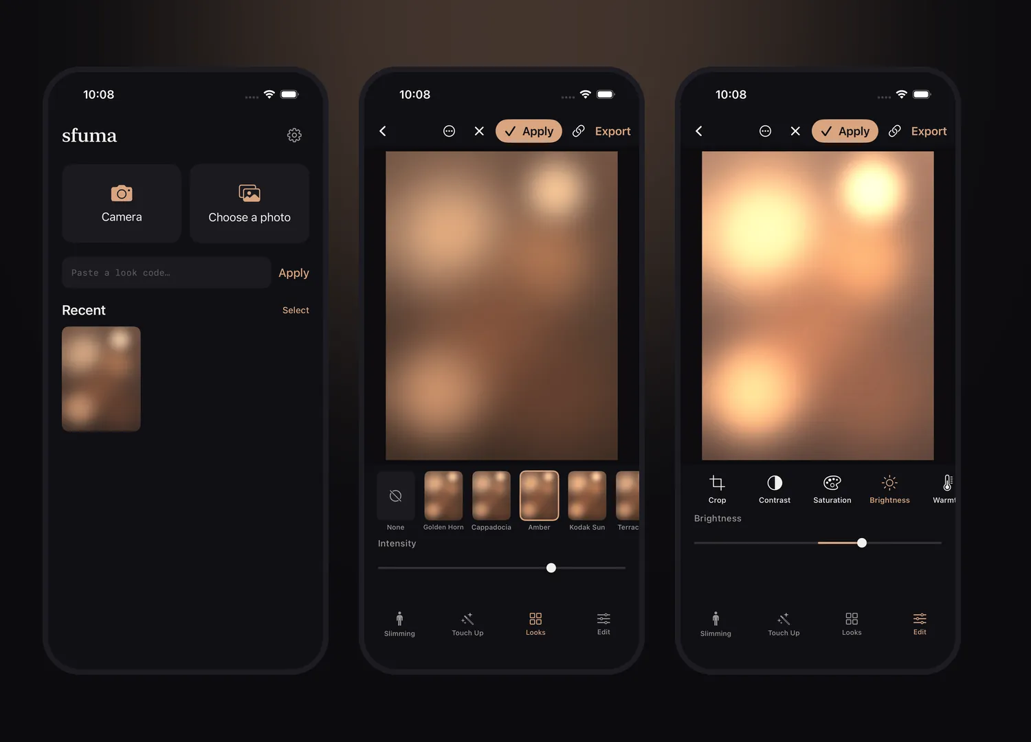 Three Sfuma screens: Home, Looks and Edit